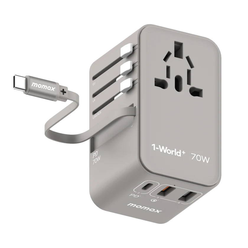 Momax 1-World+ 70W GaN 3-插口 內建 USB-C 充電線 + AC 旅行充電插座 UA18UK【香港行貨】