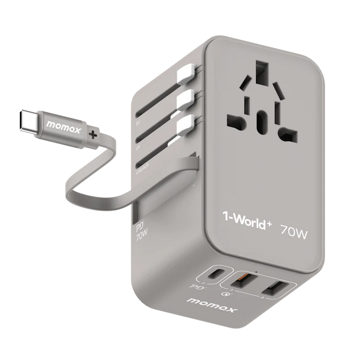 Momax 1-World+ 70W GaN 3-插口 內建 USB-C 充電線 + AC 旅行充電插座 UA18UK【香港行貨】