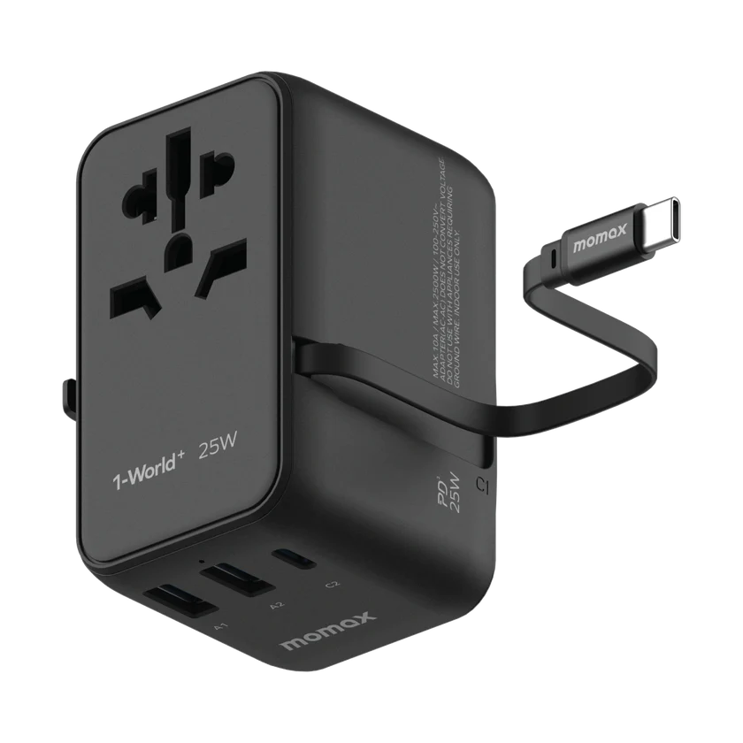 Momax 1-World+ 25W GaN 3-插口 內建 USB-C 充電線 + AC 旅行充電插座 UA20UK【香港行貨】