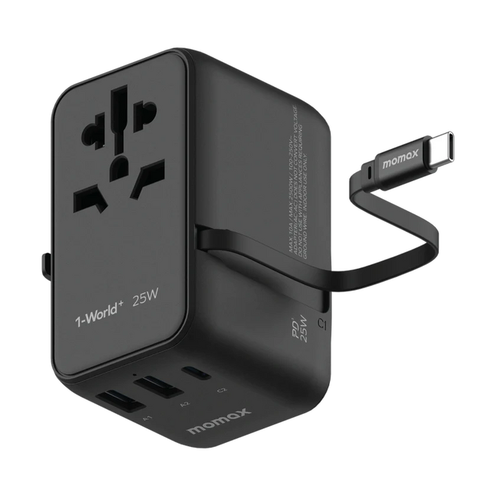 Momax 1-World+ 25W GaN 3-插口 內建 USB-C 充電線 + AC 旅行充電插座 UA20UK【香港行貨】