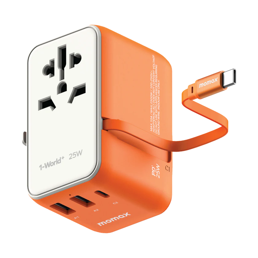 Momax 1-World+ 25W GaN 3-插口 內建 USB-C 充電線 + AC 旅行充電插座 UA20UK【香港行貨】