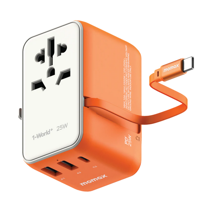 Momax 1-World+ 25W GaN 3-插口 內建 USB-C 充電線 + AC 旅行充電插座 UA20UK【香港行貨】