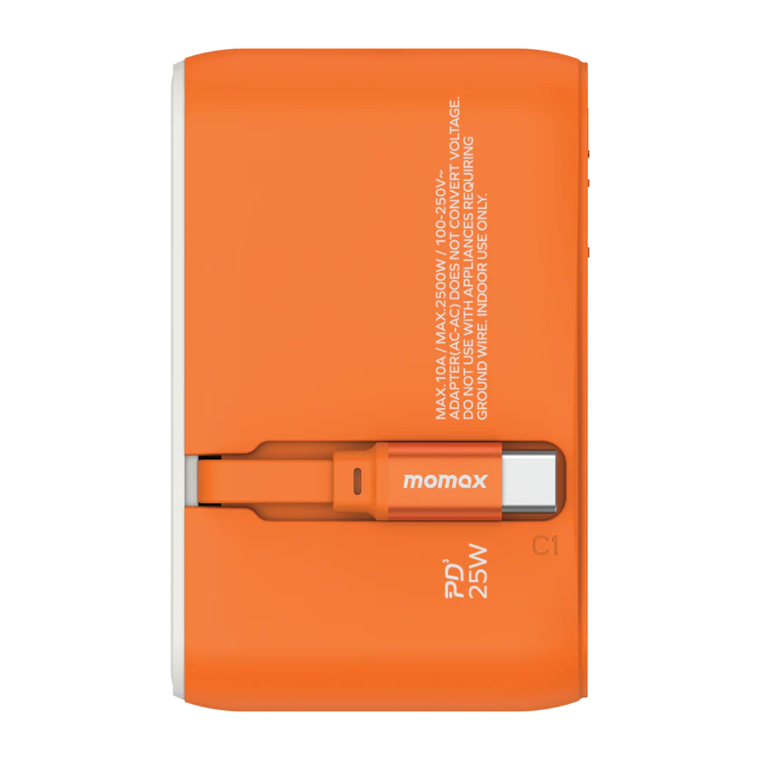 Momax 1-World+ 25W GaN 3-插口 內建 USB-C 充電線 + AC 旅行充電插座 UA20UK【香港行貨】