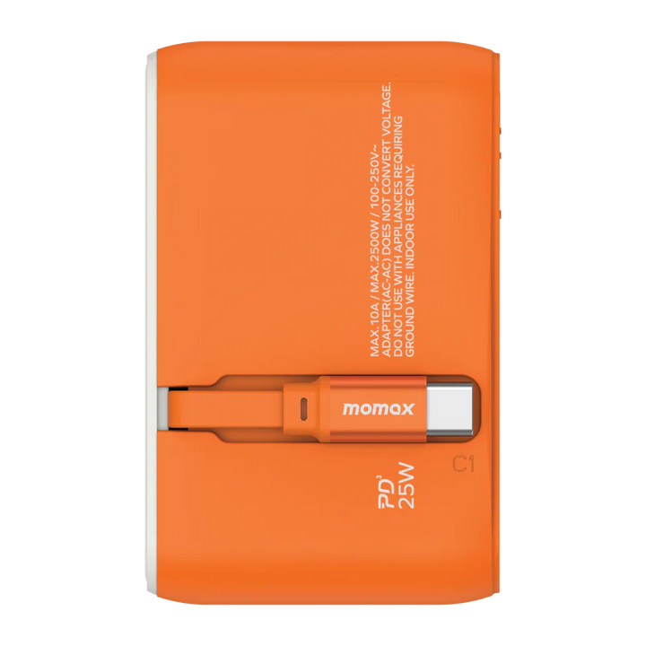 Momax 1-World+ 25W GaN 3-插口 內建 USB-C 充電線 + AC 旅行充電插座 UA20UK【香港行貨】