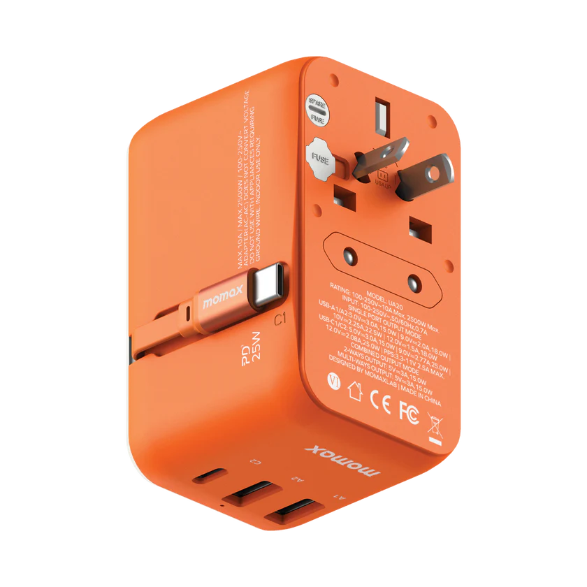 Momax 1-World+ 25W GaN 3-插口 內建 USB-C 充電線 + AC 旅行充電插座 UA20UK【香港行貨】