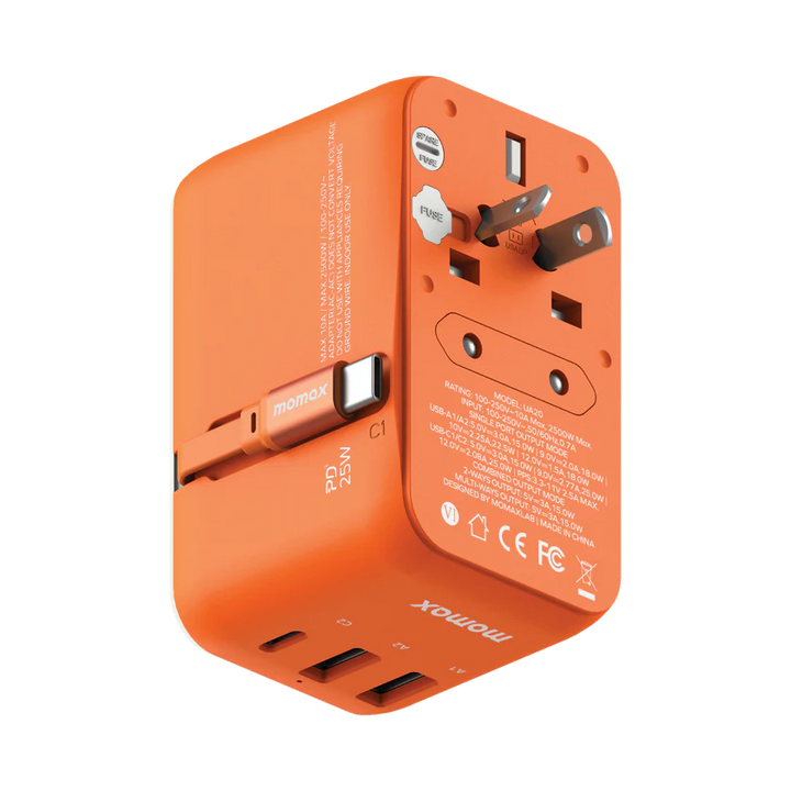 Momax 1-World+ 25W GaN 3-插口 內建 USB-C 充電線 + AC 旅行充電插座 UA20UK【香港行貨】