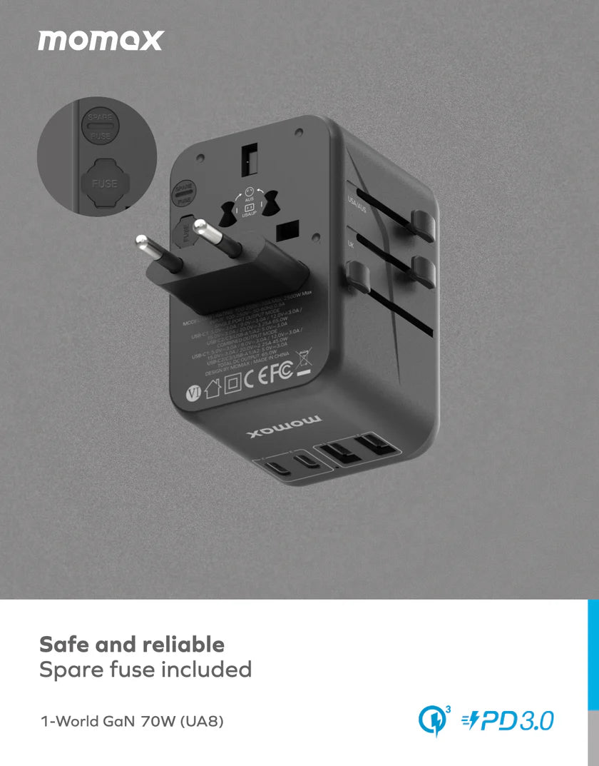 Momax 1-World 70W GaN Convenient Travel Socket UA8AUK [Licensed in Hong Kong]