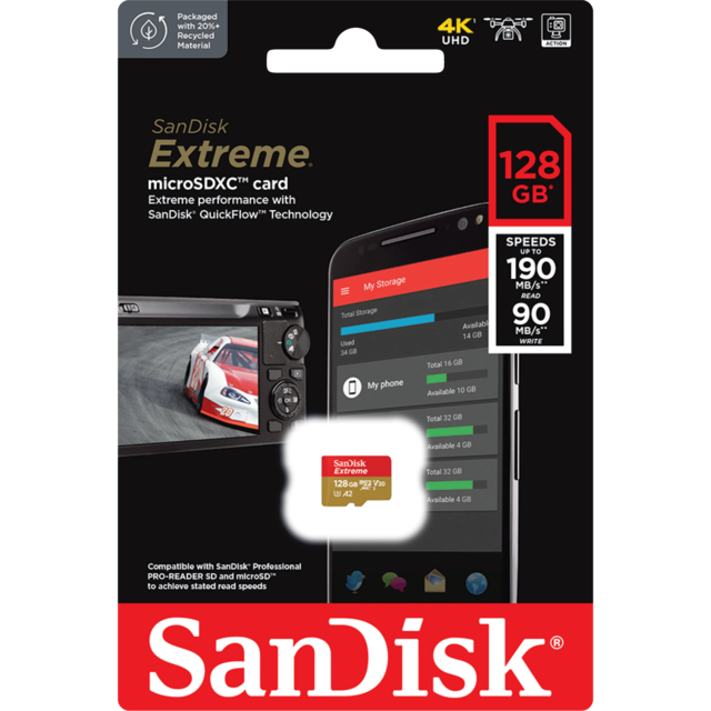 Sandisk 128GB Extreme microSDXC V30 A2 190MB/S (SDSQXAH-128G-GN6MN) Memory Card